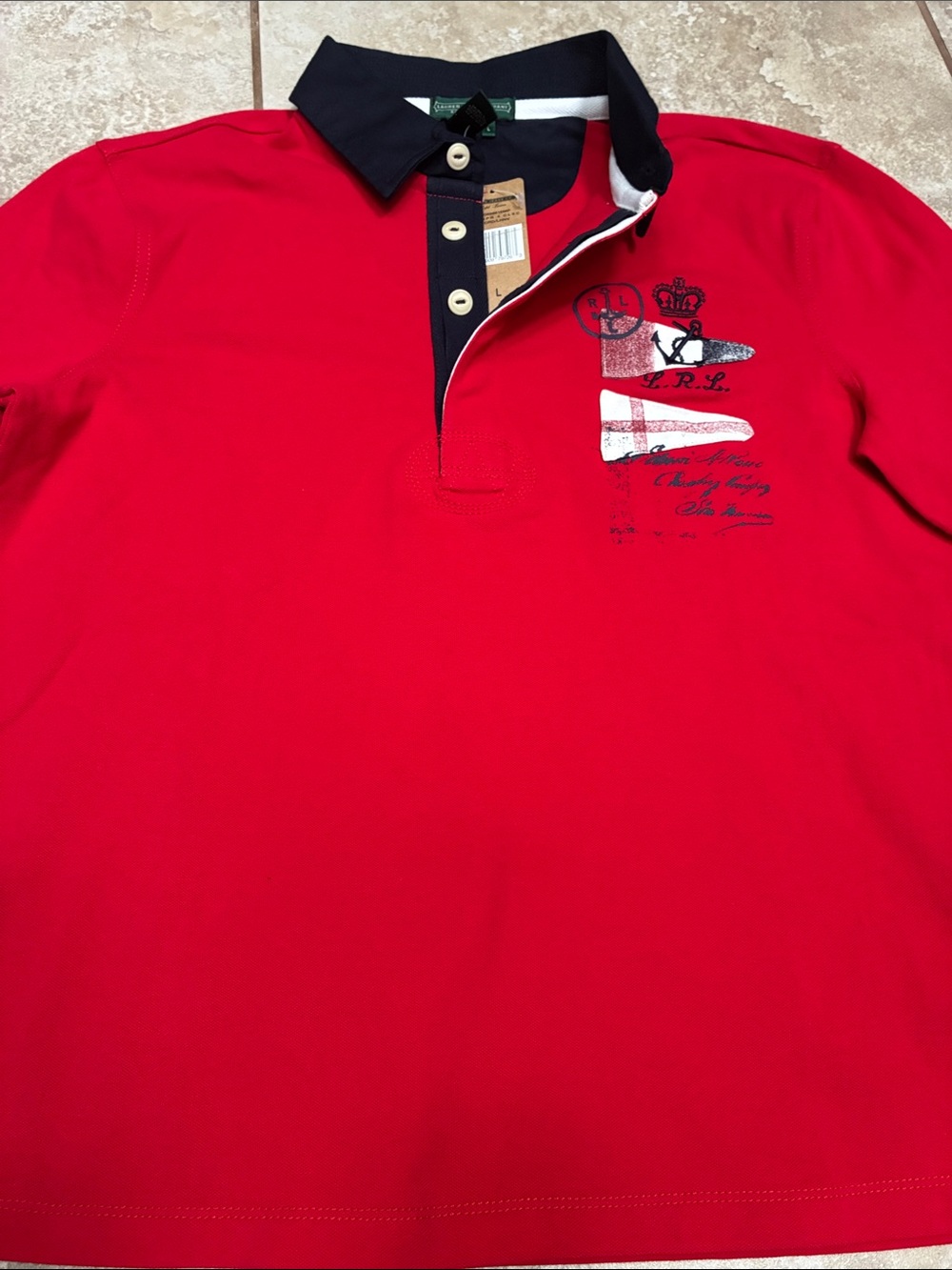 Lauren Ralph Lauren Red Polo Button-Down with Black Collar and Crest - Picture 6 of 7